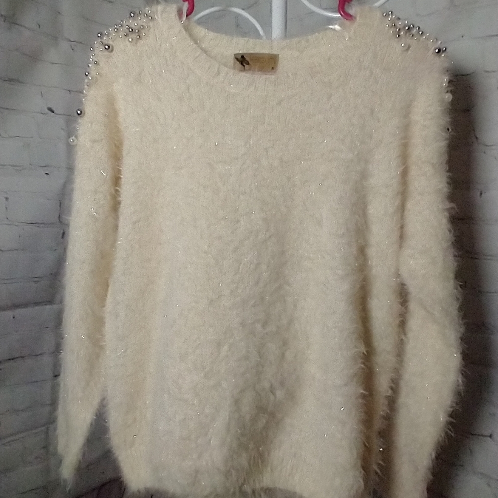 Katsumi Vintage Sweater 80s 90s Fuzzy Sparkle Shaggy Iridescent Pearl Medium M
